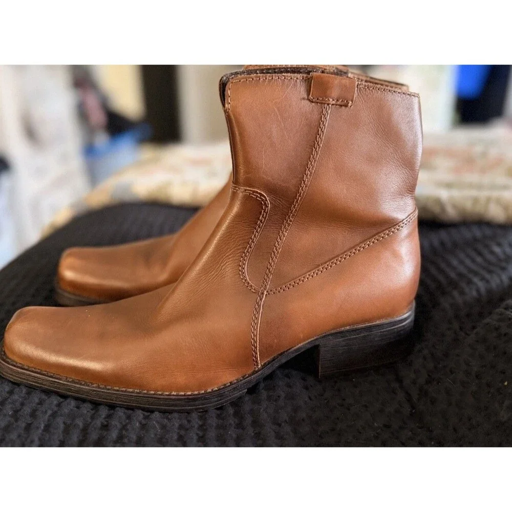 Men’s Also Brown Leather Zip Ankle Boots Size 8 Square Toe